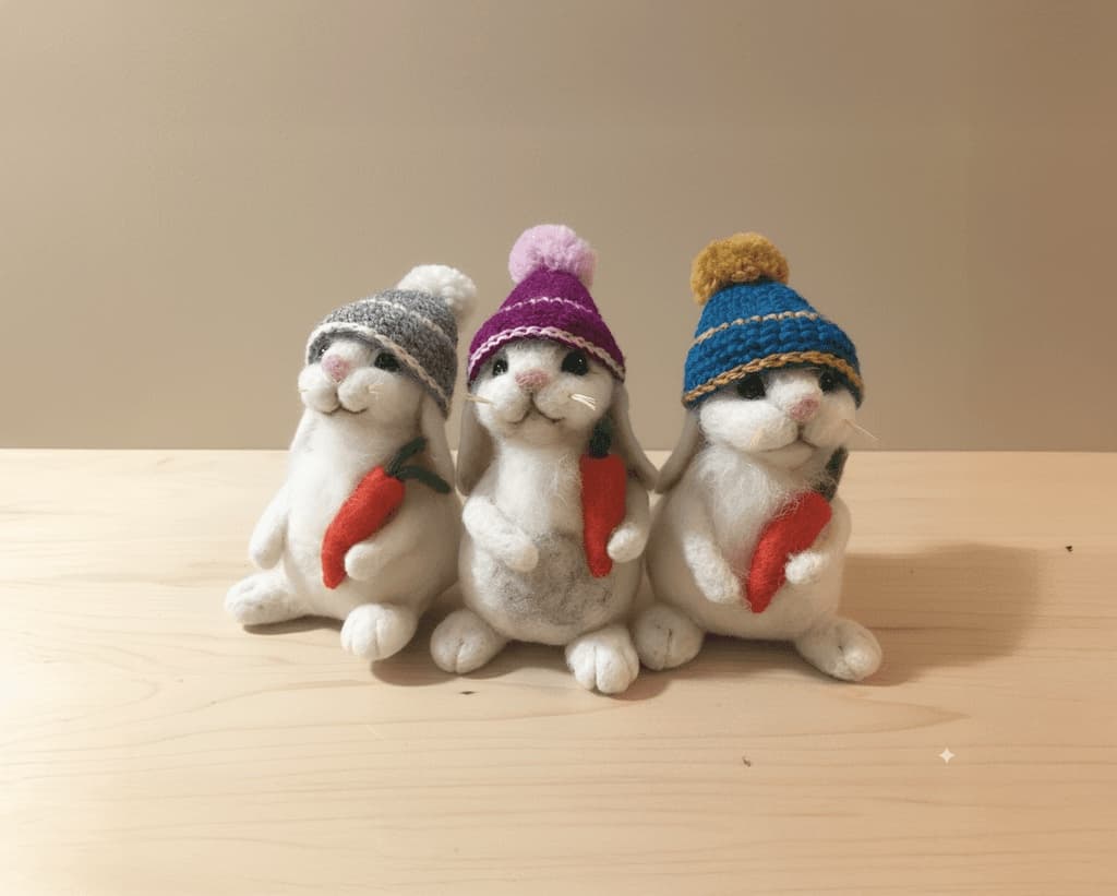 Tres figuras de fieltro con gorros de colores